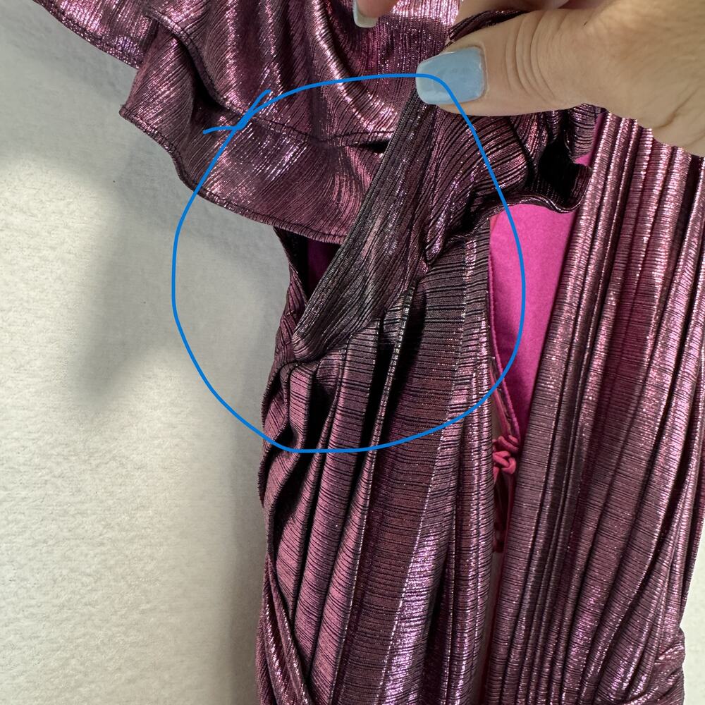 Ieena for Mac Duggal Ruffle Sleeve Metallic Gown Pleated Lace-Up Back Dress 12 - Picture 15 of 15